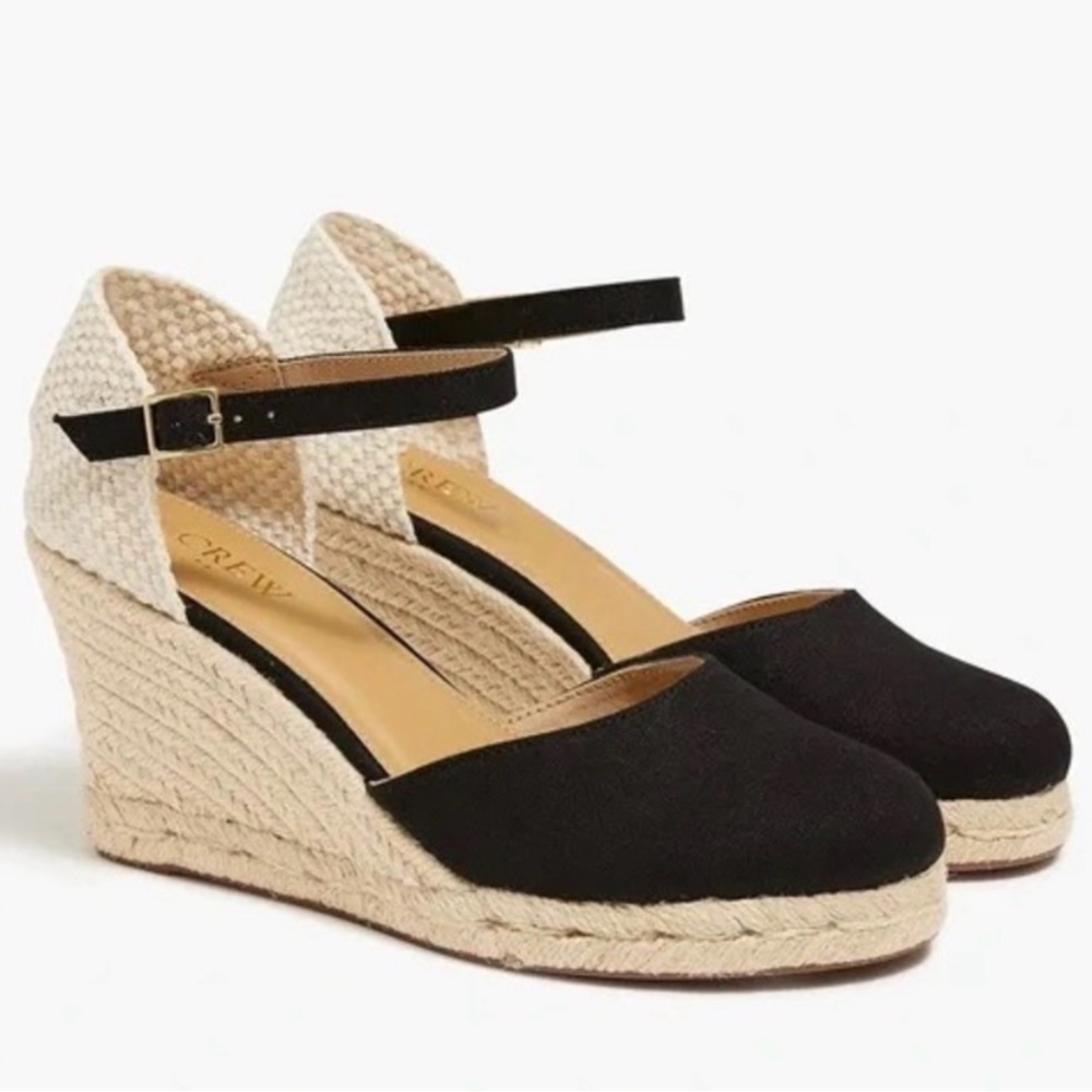 J. Crew Black Canvas Espadrille Wedge Ankle-Strap Sandals